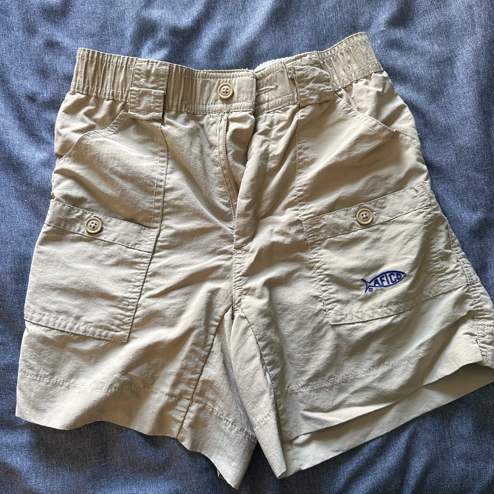 AFTCO Kids Khaki Tan Cargo Shorts with Blue Logo